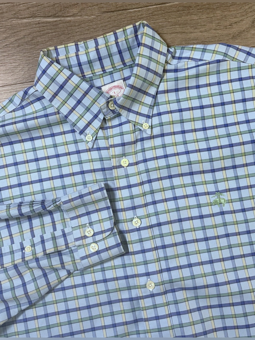 Brooks Brothers Long Sleeve Button Up Size XL Blue Plaid Logo Supima Cotton